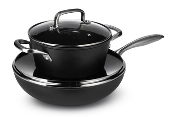 New set of black cookware isolated on white