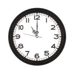 Black round analog wall clock isolated on white background, its eleven oclock.