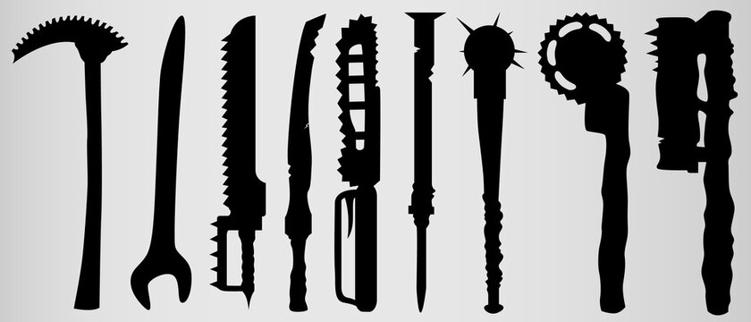 Set of nine cyberpunk weapons, swords, maces, axes. Homemade weapons made of nails, pipes, fittings, etc. Cold cyberpunk weapons. Weapons from the future, post-Apocalypse.