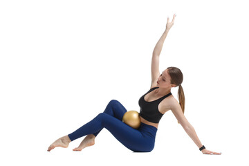 Slender athletic girl gymnast in sportswear with a ball Isolated on a white background.
