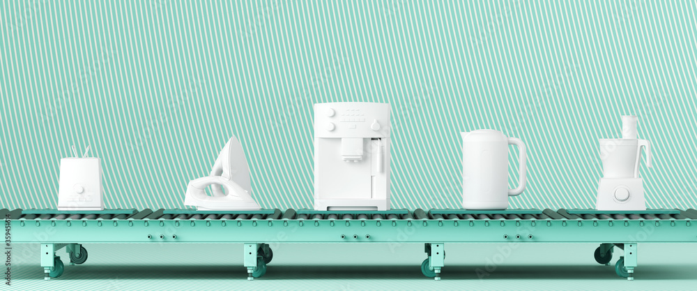 Poster creative background for product presentation. home appliances and green roller conveyor on green str