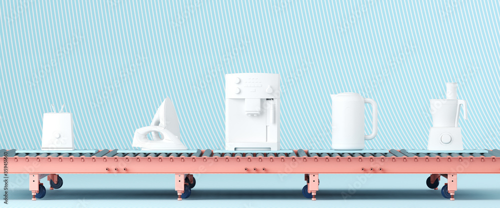 Poster creative background for product presentation. home appliances and pink roller conveyor on blue strip