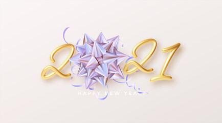 Obraz na płótnie Canvas Happy New Year Realistic gold lettering 2021 with gift golden holographic rainbow bow and golden tinsel on a white background. Vector illustration