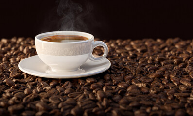 Hot black aromatic coffee cup drink, freshly shiny roasted arabica or robusta beans texture, dark composition design background. Aroma crema espresso coffee beverage close-up advertising illustration