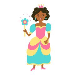 Cute african american girl princess. Beautiful dress, a crown and a magic wand with a flower.  Hand drawn vector illustration  isolated on white background. Great for kid products design.