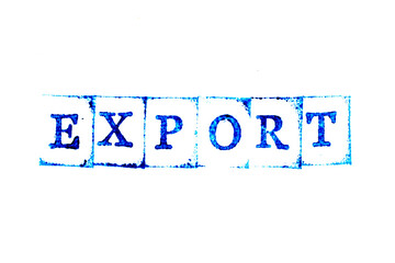 Blue ink of rubber stamp in word export on white paper background