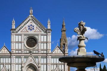 Detail of fountain in piazza Santa Croce, Florence, Italy, in the background the Basilica of Santa...