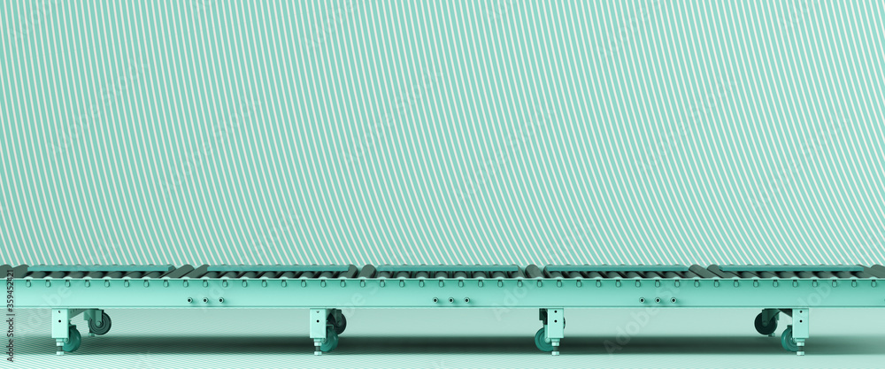 Poster creative background for product presentation. green roller conveyor on green stripe pattern backgrou