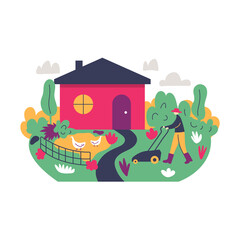 Garden man with lawn mower