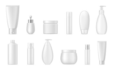 Cosmetic phial, flacon, tube, spray, splash bottles white realistic mock ups set. Beauty products templates.
