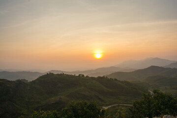 Landscape sunrise with mountain in the pilok , Kanchanaburi , Thailand