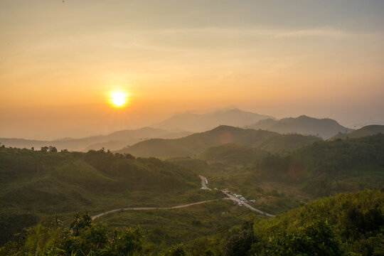 Landscape sunrise with mountain in the pilok , Kanchanaburi , Thailand
