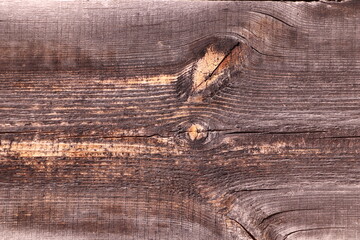 A fragment of the wall surface of an old wooden house with cracks and knots. Close-up.