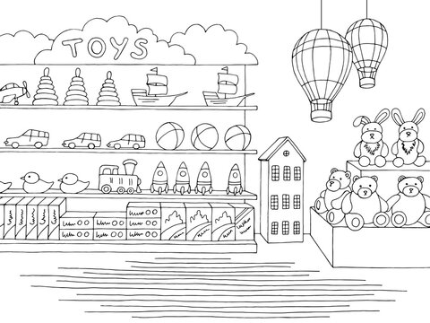 Toy shop graphic black white interior sketch illustration vector