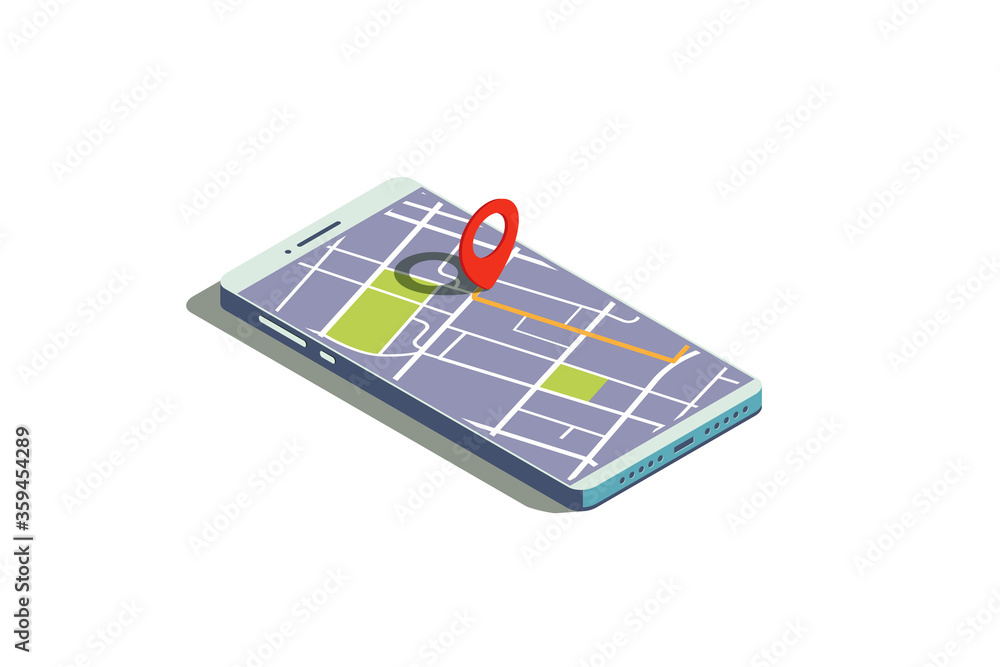 Poster gps map on phone screen. isometric mobile phone with map and route. navigation app. modern phone wit