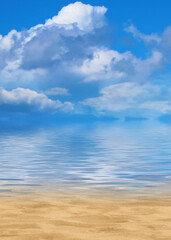 Fototapeta na wymiar Summer landscape. Blue sea and blurry sky with fluffy clouds. Bright sunny day, tropical beach.