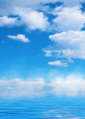 Fototapeta premium Summer landscape. Blue sea and blurry sky with fluffy clouds. Br