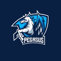 Pegasus athletic club vector logo concept isolated on dark background for badge, emblem and t shirt printing. Modern sport team mascot badge design.