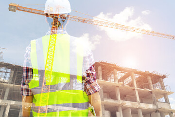 Double exposure Engineer standing inspection building construction