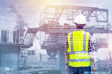 Double exposure Engineer standing inspection building construction