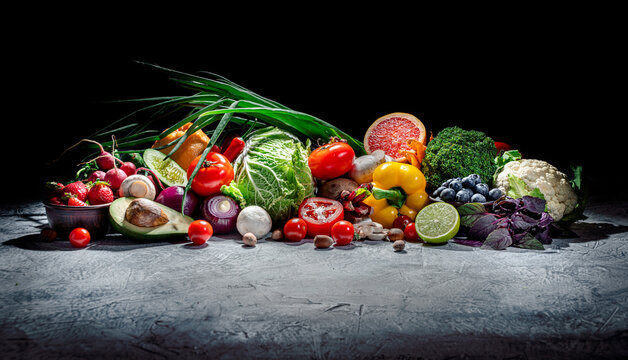 Assortment of fresh fruits and vegetables. Concept of healthy food