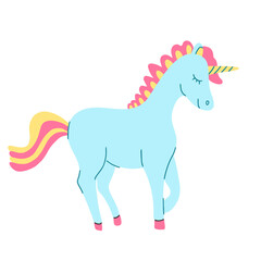 Blue unicorn in cartoon style. Yellow and pink tail and mane. Hand drawn vector illustration isolated on white background. Great for kids products design. 