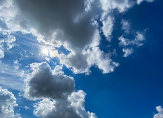 View into deep blue sky with stratocumulus and cirrus clouds on windy day announcing occasional summer rain showers
