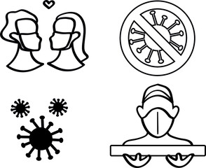 Coronavirus doodle set: couple in medical masks, stop covid-19, quarantine pizza delivery. People social distancing silhoette concept. Line vector illustration stay at home during pandemia.