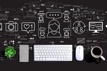 Social media theme with a computer keyboard and a mouse