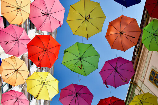 image of artistic installation of umbrellas in Timisoara 