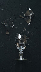 Broken and smashed wineglass on a black background. Top view - 359457003