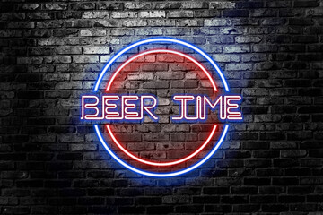 Obraz premium Beer bar neon signboard light on brick wall background.