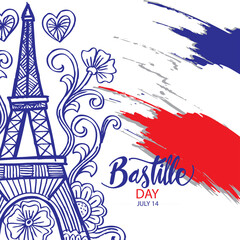 Happy Bastille Day, 14th of July. Greeting card.