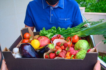 Box full of fruits and vegetables. Eggplant, mushrooms, cabbage and strawberry. Fresh organic farm products
