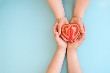 Children hands holding half a tomato in the shape of a heart on the blue background. Copy space.