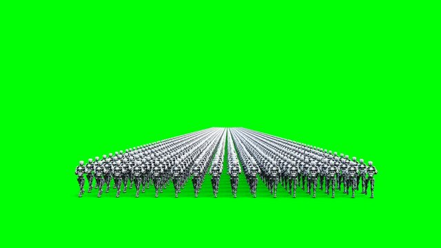 invasion of military robots with gun. marching robots. Green screen 4k footage.