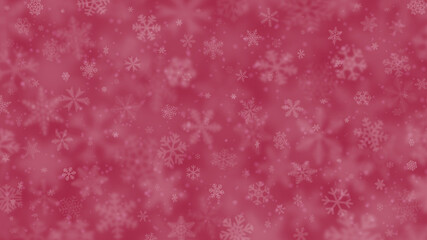 Christmas background of snowflakes of different shapes, sizes, blur and transparency in pink colors