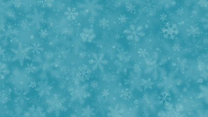 Christmas background of snowflakes of different shapes, sizes, blur and transparency in light blue colors
