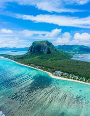 Photo sur Plexiglas Le Morne, Maurice Aerial panoramic view of Mauritius island - Detail of Le Morne Brabant mountain with underwater waterfall perspective optic illusion - Wanderlust and travel concept with nature wonders on vivid filter