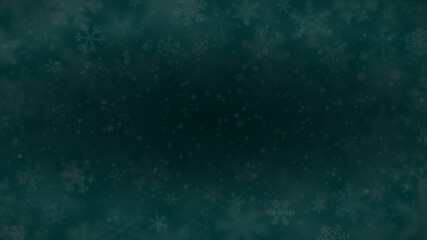 Fototapeta na wymiar Christmas background of snowflakes of different shapes, sizes, blur and transparency in dark turquoise colors