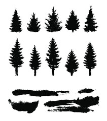Vector silhouette of the forest. Template elements for creating a landscape. Black and white isolated elements.
