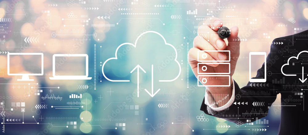 Poster cloud computing with businessman on blurred abstract background