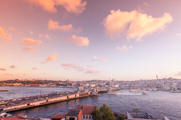 View of Galata Bridge of Istanbul. This bridge is in estuary ( armlet, firth ). The bridge is connecting Karakoy borough and Eminonu borough. Istanbul is one of the biggest cities in the world.