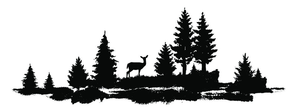 Vector composition Forest silhouette landscape. Black and white isolated elements Element for design. Young deer at the edge
