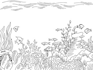 Underwater graphic sea black white sketch illustration vector