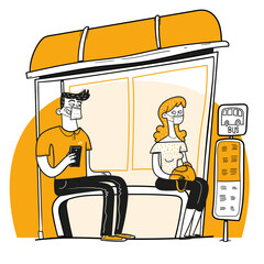 Two people with mask sitting at a bus stop