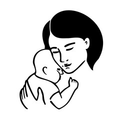 woman mom with dark short hair holds a newborn sleeping baby in her arms drawn by a black line on a white background by hand for illustrations of collage on posters. Vector clipart. 