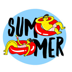 Couple with float in water. vector illustration