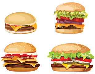 Set of different burgers. Fast food in cartoon style.