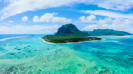 Aerial panoramic view of Mauritius island - Detail of Le Morne Brabant mountain with underwater...